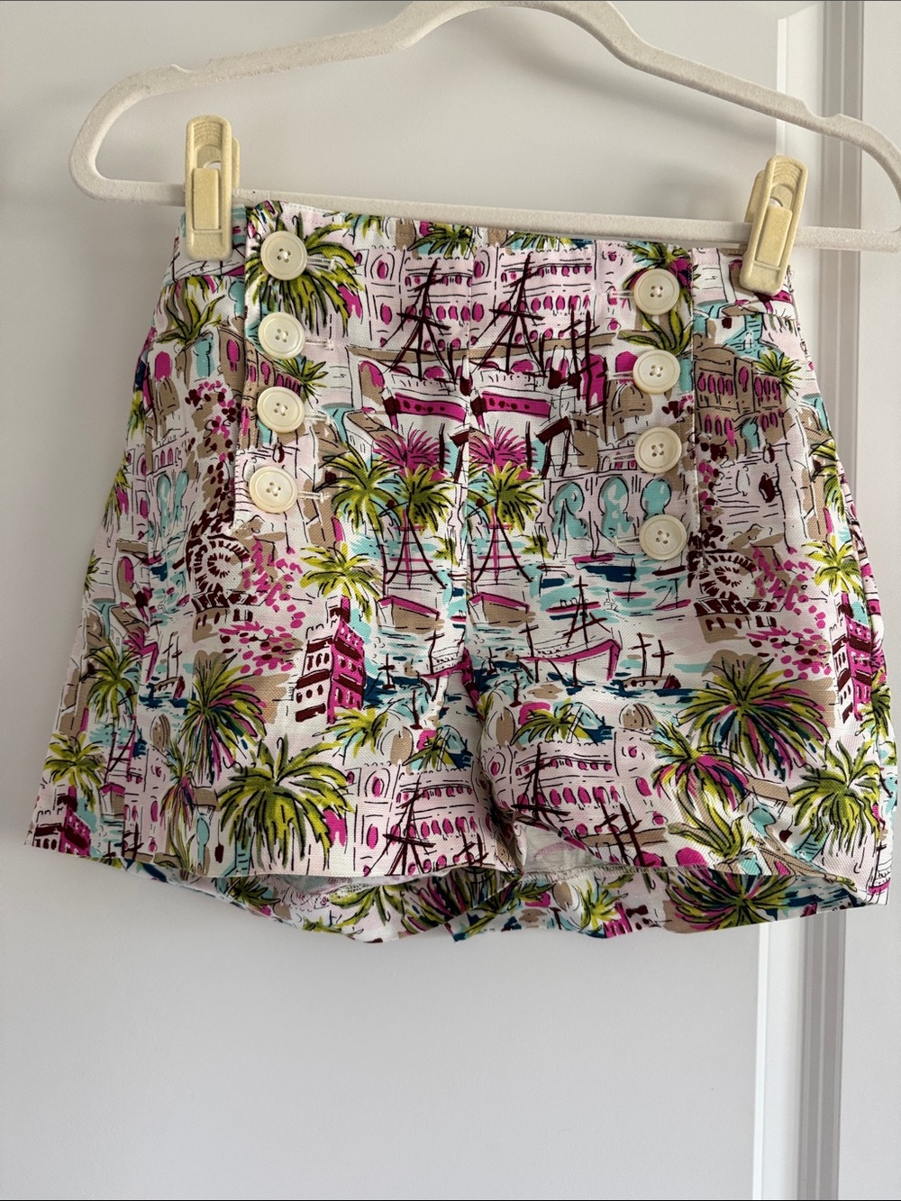 J. Crew Tropical Palm-Print High-Waist Shorts in Pink & Green
